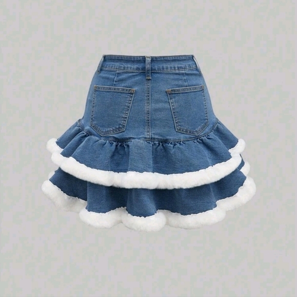 Women's Cute Furry Patchwork Ribbon Drawstring Ball Denim Mini Skirt - Picture 4 of 4